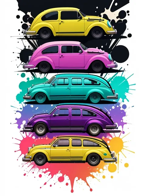 vector art, Colorful illustration with graffiti Volkswagen Kleinbus and surfboards, in the center, Bright colors, paint splashes and blots, high detail, white background