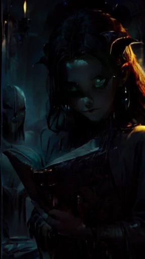 ((obra-prima)), ((melhor qualidade)), ((cinematic lighting): 1.0), ((medium close-up): 1.0)uma bruxa, cabelo branco, pale skin, olhos vermelhos, holding an open grimoire. ((Behind her, various demonic creatures look at the book, preparing to leave your hel...