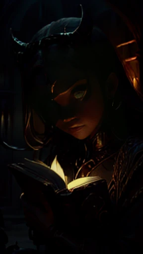 ((obra-prima)), ((melhor qualidade)), ((cinematic lighting): 1.0), ((medium close-up): 1.0)uma bruxa, (cabelo branco: 1.0), pale skin, olhos vermelhos, holding an open grimoire. ((Behind her, various demonic creatures look at the book, preparing to leave y...