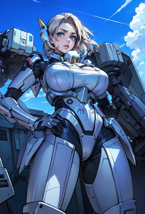 Chica anime with a gun in her hand standing in front of a building, ferra mecha blanco, mecha femenina, girl with mecha cybernetic armor, anime mecha moderno, genial estilo mecha, mecha anime, mecha blanco, Arte mecha, Chica Valquiria mecanizada, mech suit...