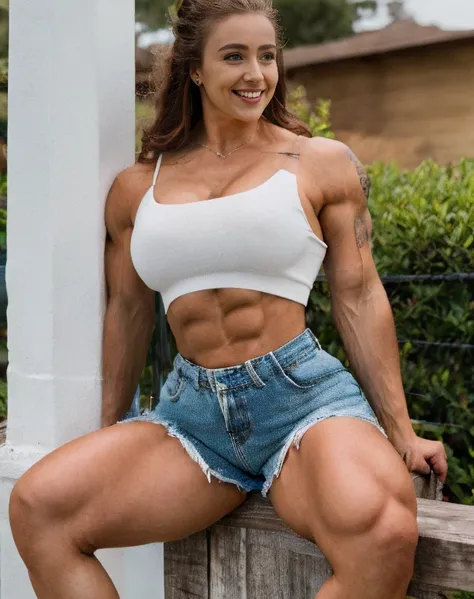 A heavily muscled iffb pro female bodybuilder. full body shot of (woman Sitting on a fence in a crop top, high-waisted shorts, and cowboy boots. small smiling), (detailed realistic face), (((hyperdetailed))), zoomed out, symmetrical face, detailed pupil, e...