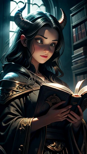 ((obra-prima)), ((melhor qualidade)), ((cinematic lighting): 1.0), ((medium close-up): 1.0)uma bruxa, (cabelo branco: 1.0), pale skin, olhos vermelhos, holding an open grimoire. ((Behind her, various demonic creatures look at the book, preparing to leave y...