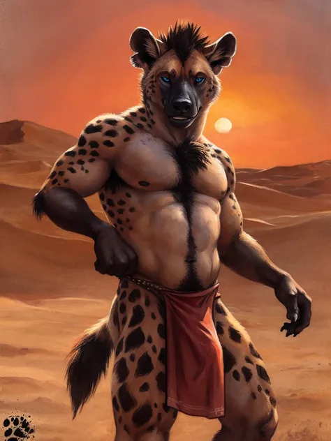 solo, anthro, Gnoll, male, mane fades to red, muscular, sexy, lustful expression, shaggy fur, thick fur, hyena tail, long penis imprint visible under tribal loincloth, loose tribal clothing, realistic clothing, sexy pose, realistic fur, beautiful eyes, per...