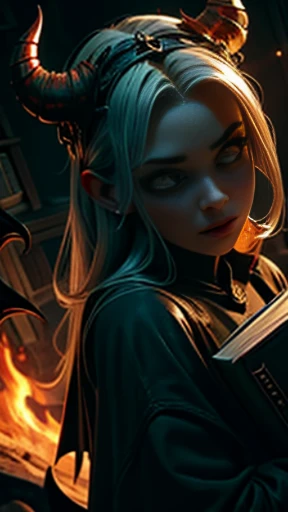 ((obra-prima)), ((melhor qualidade)), ((cinematic lighting): 1.0), ((medium close-up): 1.0)uma bruxa, cabelo branco, pale skin, olhos vermelhos, holding an open grimoire. ((Behind her, various demonic creatures look at the book, preparing to leave your hel...