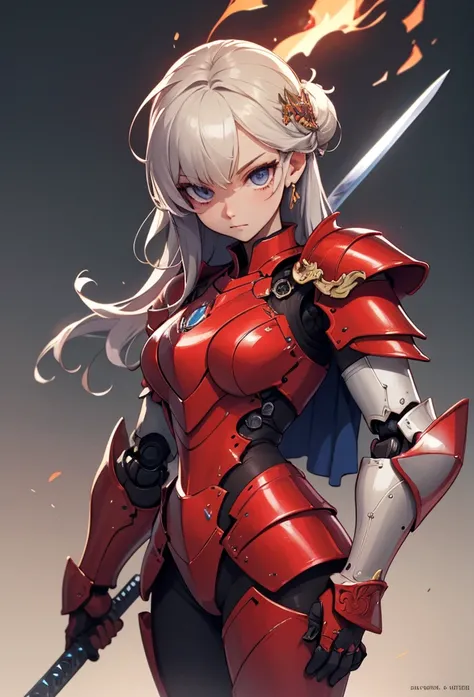 (detailed illustrations,Very detailed and precise drawing,Delicate drawn lines with tempo,Realistic texture expression),[color traced main line],(Fantasy World Battlefield Background [burning castle]),((ROBOT GIRL)(red knight[muscular][[METALFACE[clear len...