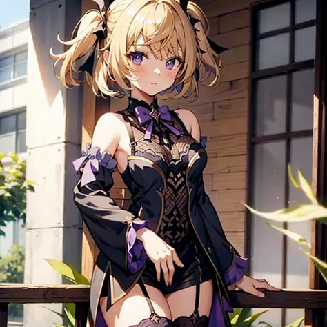 anime girl in a purple outfit with a black top and black stockings, shadowverse style, fischl genshin impact, small curvy loli, loli in dress, fischl game genshin impact, splash art anime loli, cute anime waifu in a nice dress, ((wearing aristocrat robe)),...