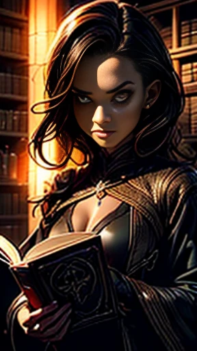 ((obra-prima)), ((melhor qualidade)), ((cinematic lighting): 1.0), ((medium close-up): 1.0)uma bruxa, (cabelo branco: 1.0), pale skin, olhos vermelhos, holding an open grimoire. ((Behind her, various demonic creatures look at the book, preparing to leave y...