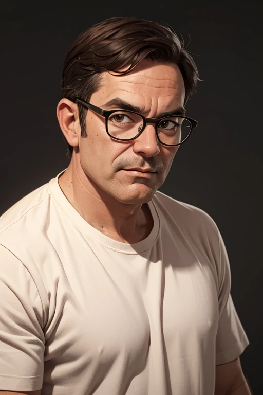 middle aged man with glasses and short hair wearing a loose shirt, looking towards the camera, high contrast and sharp details, three quarter body image, solid background