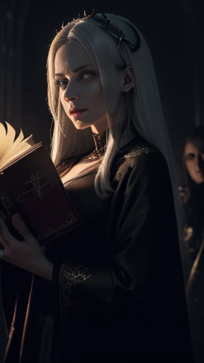 ((obra-prima)), ((melhor qualidade)), ((cinematic lighting): 1.0), ((medium close-up): 1.0)uma bruxa, cabelo branco, pale skin, olhos vermelhos, holding an open grimoire. ((Behind her, various demonic creatures look at the book, preparing to leave your hel...