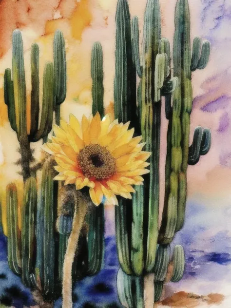 watercolor art, gentle, painting, splashes, desert cactus, watercolor on canvas, art, canvas, vivid colors
