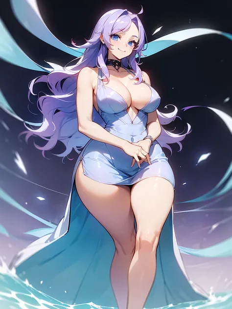 ((I want a woman alone, curvy and beautiful body, light blue eyes and light purple wavy hair without bangs, sharp look, smile on her face and wearing a beautiful dress))