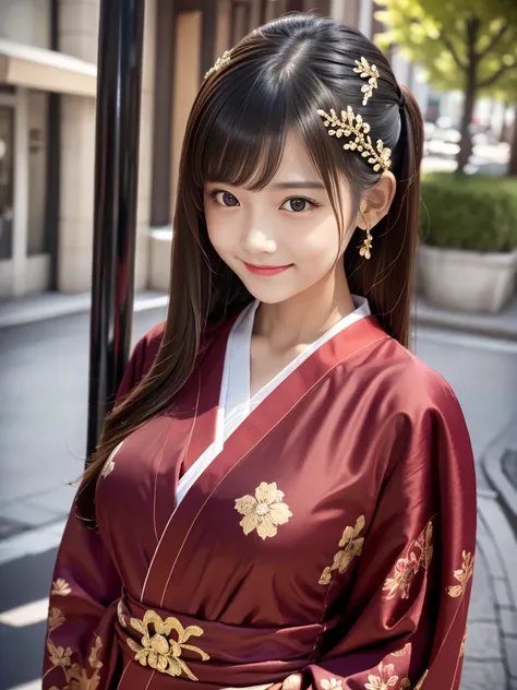 1 girl, solo, looking at viewer, smile, black hair, hair ornament, flower, Japanese clothes, kimono, smile, dark eyes, makeup, lipstick, red lips, shy face