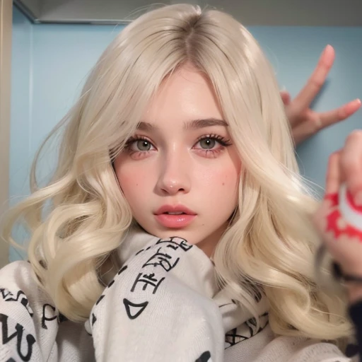 Mujer de pelo rubio con pelo largo ondulado y una sonrisa en su rostro., su cabello es blanco, ava max, Kailee Mandel, Su cabello es plateado, cabello rubio y ojos grandes, ella tiene cabello rubio, cabello con flequillo blanco, long cabello rubio y ojos g...