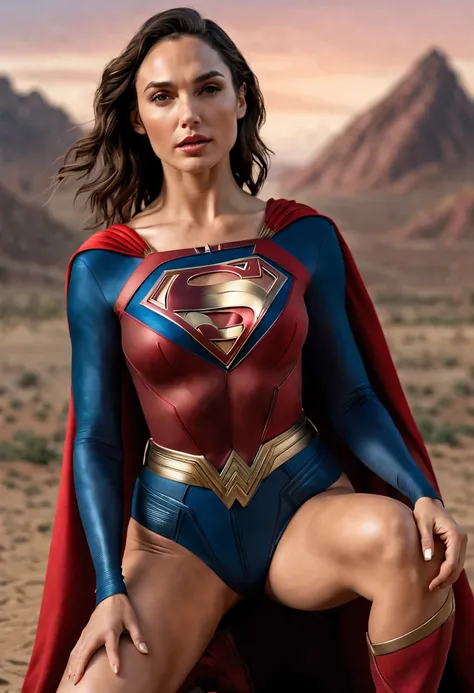 （gal gadot dressed as superman：1.3），Photorealistic photos，photorealestic：1.4 Official art，ultra - detailed，Beautiful and beautiful，big breasts beautiful，tmasterpiece，best qualityer，sitting down，spread their legs，Camel toes，hand behind head， ，（big breasts e...