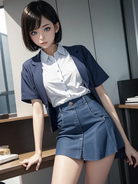 bending forward、mini short hair、Sarah Uniform、mini skirt、details、blue eyes