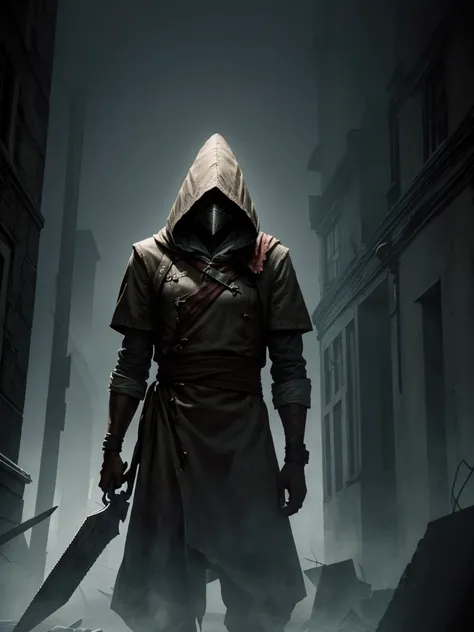 Personagem Pyramid head detalhado, silent hill, respingos de sangue, holding a dead man in a city with dark fog (melhor qualidade).