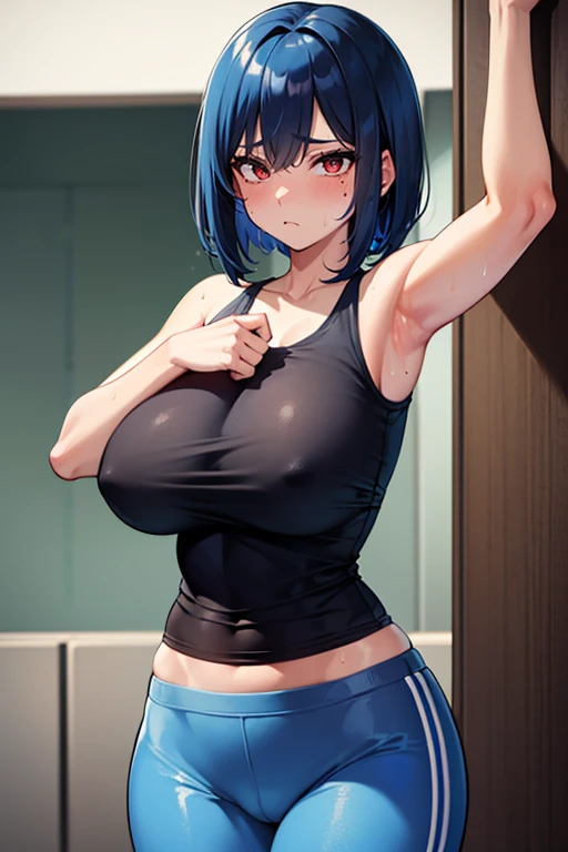 gym, exercise, training, hot, sweating, sweaty, big breasts, lift, 破られたyoga pants,blue clothes, look through, blue hair, short hair, bob cut, anger expression, Topo , Mole on the cheek, yoga pants , sexy body, slender body, black eye, Red eye makeup,crying...