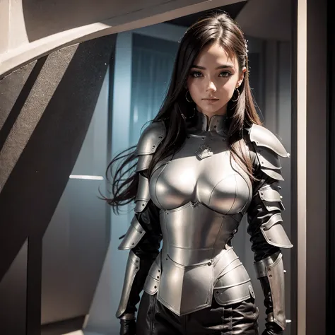 8K woman standing, facing directly at the camera a beautiful well-turned woman with leather armor, futurista, she has medium breasts hard armor with raw metal. com pequenos, detalhes de espinhos de ouro, futurista branco, com pequenos detalhes de ouro, seu...