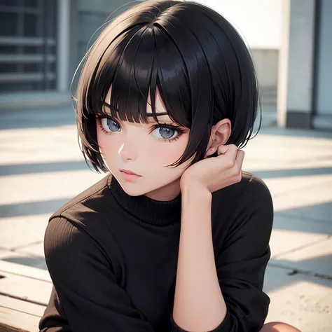 A woman, short hair, black hair, with bangs, cute, serious, a little strong, local, sitting