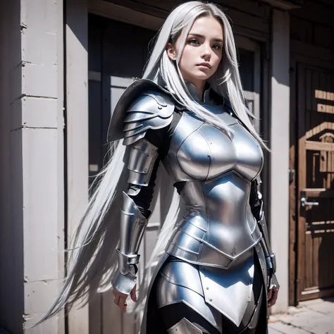 8K woman standing, facing directly at the camera, a beautiful well-turned woman in armor spoiled you, she has medium breasts hard armor with raw metal. com pequenos, detalhes de espinhos de ouro, futurista branco, com pequenos detalhes de ouro, seu cabelos...