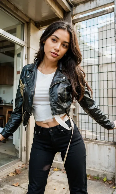 hay una mujer con una chaqueta negra y pantalones negros posando, dressed in short cuero jacket, she wears cuero jacket, dressed in cuero jacket, wearing cuero jacket, wearing a cuero jacket, in an old 1950s cuero jacket, dressed in biker cuero, wearing a ...