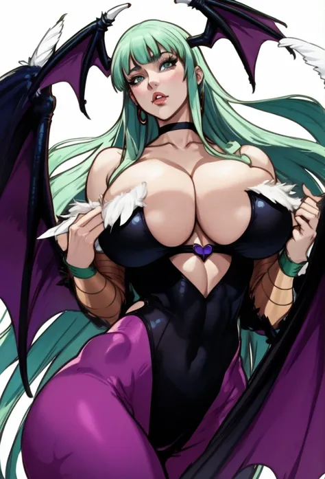 Chica anime con cabello azul y pantalones morados posando frente a un fondo blanco., morrigan, Morrigan Aensland, beautiful together, extremely detailed artistic germ, together in tight short dress, Krenz Cushart y Artgerm, together, ella teta, oppai, artg...