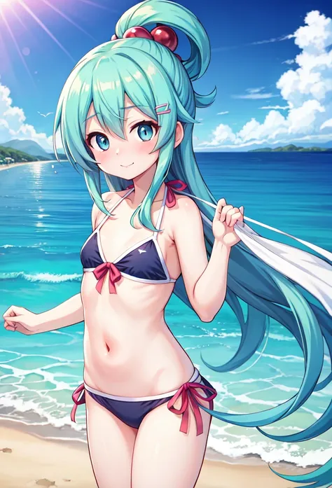 a close up of a person in a bikini on a beach, seductive anime girl, anime moe artstyle, small curvy loli, rem rezero, aqua from konosuba, anime best girl, in the beach, rimuru tempest, is wearing a swimsuit, mikudayo, in a bikini, realistic bikini, oppai全...