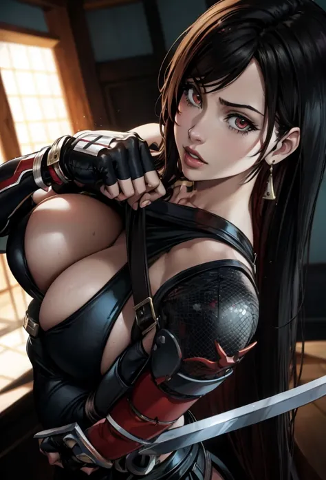 Chica de anime con una espada y un traje negro, seductive retrato de tifa lockhart, tifa lockhart, tifa, retrato de tifa lockhart, portrait ninja gaiden girl, retrato de tifa lockhart, tifa lockheart, Anime rudo 8K, glamorosa tifa lockheart, arte cg anime ...