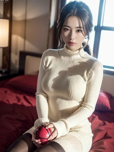 Yuki Tenkai,Face :9,3492120809], Face :9,4148934626], bewitching beautiful mature woman、18 years、Helm　154cm、well-proportioned body shape、Hourglass appearance、((Wearing a knitted dress))、(wearing pantyhose,realistic pantyhose)、sitting on the bed、japanese mo...