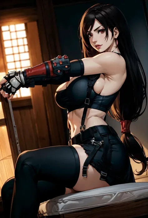 anime - mujer de estilo vestida de negro sosteniendo una pistola y posando, seductive retrato de tifa lockhart, tifa lockhart, tifa, retrato de tifa lockhart, tifa lockheart, retrato de tifa lockhart, glamorosa tifa lockheart, tifa lockhart con el pelo bla...