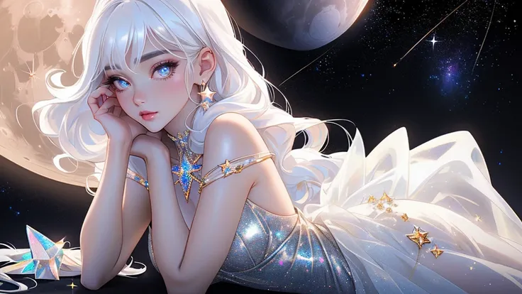 {-erro_de_anatomia:1.0} masterpiece, highest quality, (perfect face:1.1, (high detail)1.1, sweet stardust vampire , long soft white hair, opal eyes, perfectly drawn face, black dress, stars detailed background, prismatic lighting, glitter, whole body,  Lay...