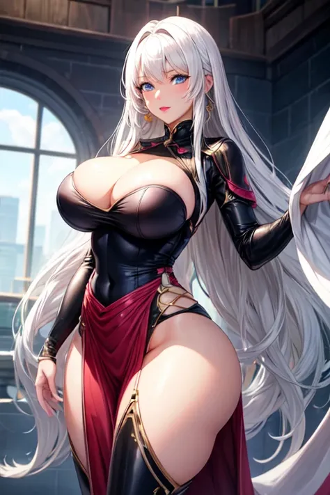 white character with platinum hair, blue eyes, pink lips, large breasts, wide waist, wide hips and big ass, wearing a long dress that is closed and tight