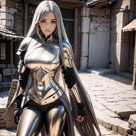 8K woman standing, facing directly at the camera, a beautiful well-turned woman in armor spoiled you, she has medium breasts hard armor with raw metal. com pequenos, detalhes de espinhos afiados de ouro, futurista branco, com pequenos detalhes de ouro, seu...