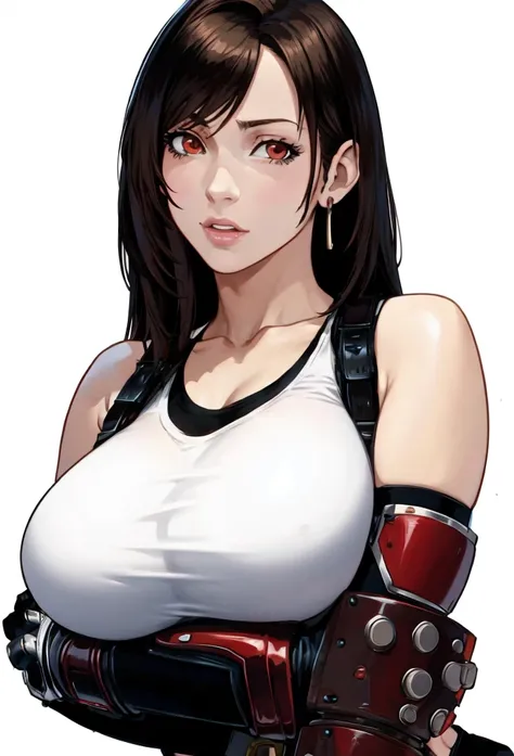 Chica anime con una camisa blanca y guantes negros sosteniendo un controlador de videojuego., retrato de tifa lockhart, tifa lockhart, tifa, seductive retrato de tifa lockhart, retrato de tifa lockhart, tifa lockheart, biomechanical oppai, tifa lockhart co...