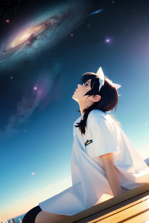 anime cat ear girl sitting on a shelf looking up at the sky, desenhos de anime inspirados em makoto shinkai, trends on pixiv, ar...