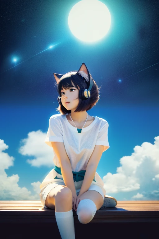 anime cat ear girl sitting on a shelf looking up at the sky, desenhos de anime inspirados em makoto shinkai, trends on pixiv, ar...