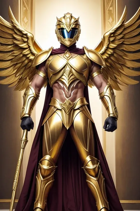 an extremely handsome young man, 18 years old, {{{slightly tanned skin with yellow eyes with an athletic body}}}, {{{with golden armor}}}, {{{wings details on helmet and helmet}}}, create a Metalic Greek God theme, Power Ranger, ancient dress, full body, O...