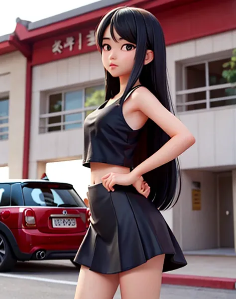 Asian girl, long black hair, long straight hair, crop tank top, mini skirt