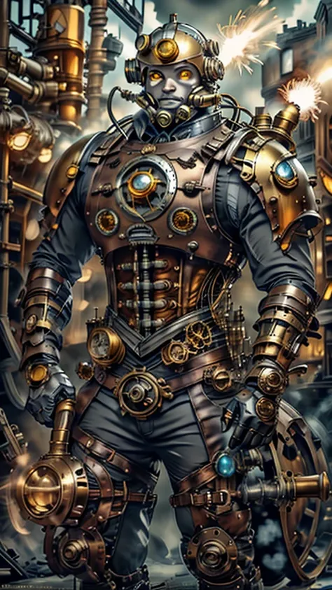 creature in mechanical helmet with yellow eyes and heavy steampunk mechanical armored armor with holes with very bright blue lig...