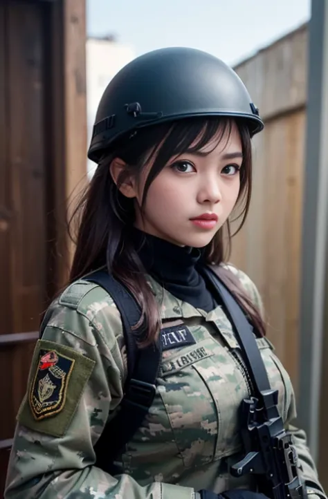 (RAQ photos, ultra-realistic, (masterpiece), The images are realistic in capturing the image of a very beautiful female soldier, a Japanese girl, with a perfect figure, the picture has three detailed patterns, full body with a six pack, performing her duti...