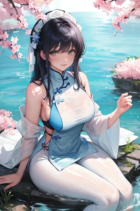 masterpiece、need、1 female、blue clothes、blue cheongsam，Ancient style China、 White cloth is good, good, good、black hair、Leaky shoulders、big breasts、chubby、Smile、White吊带裤袜、lace leggings、White、淡pink嘴唇、Spring water，hot springs，Pose in the water，play with water，...