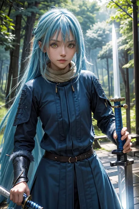 8K, best qulity, best resolution, ultra detailed, cinematic lightning, realistic, bokeh, masterpiece, absurdress, beautiful, rimuru_tempest, blue hair, yellow eyes, long hair, weapon, sword, glowing sword, forest village