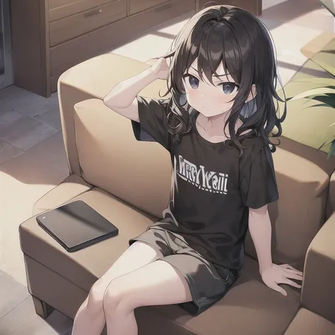 masterpiece, best quality, HDR, 1boy, child, wavy hair, medium hair, black hair, black eyes, black shirt, brown shorts, sitting, couch, frown