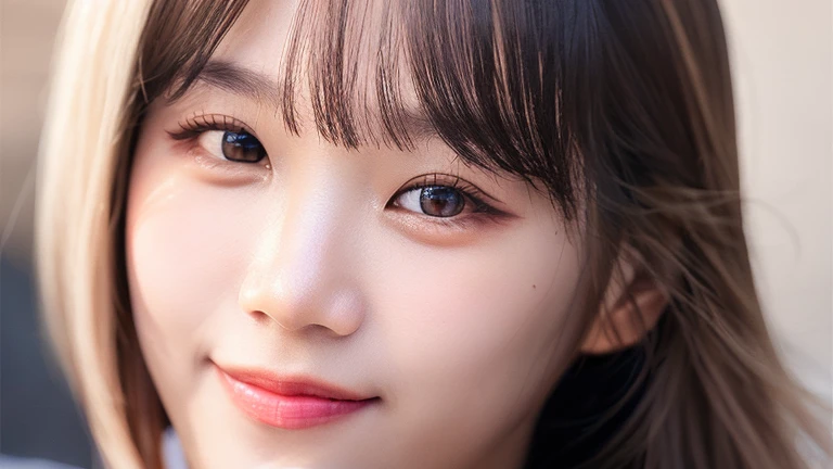 Looking at the audience, light makeup, realism, realistic photos, professional color correction, 8K, F2.4 aperture, 35mm lens, realistic real face, only the face area is included,nude, ultra detailed, medium hair, bangs, smile.