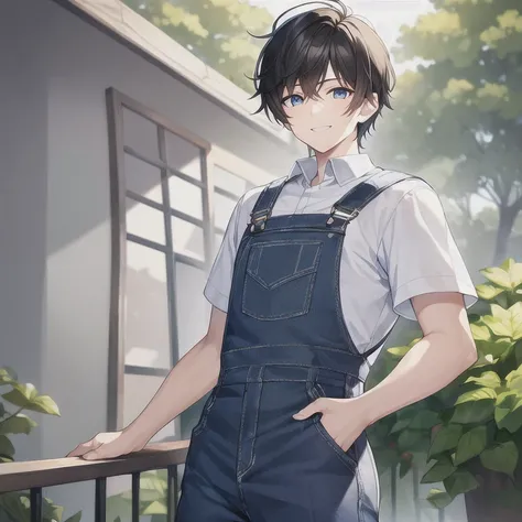 masterpiece, best quality, HDR 1boy, solo, dark hair, dark eyes, white shirt, blue overalls, smile, farm