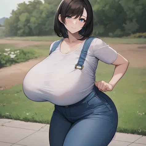 masterpiece, best quality, HDR, 1girl, solo, mature female, milf, motherly, huge breasts, narrow waist, wide hips, curvy, dark hair, very short hair, swept bangs, short bangs, dark eyes, white shirt, blue overalls, seductive smile, seductive pose, farm