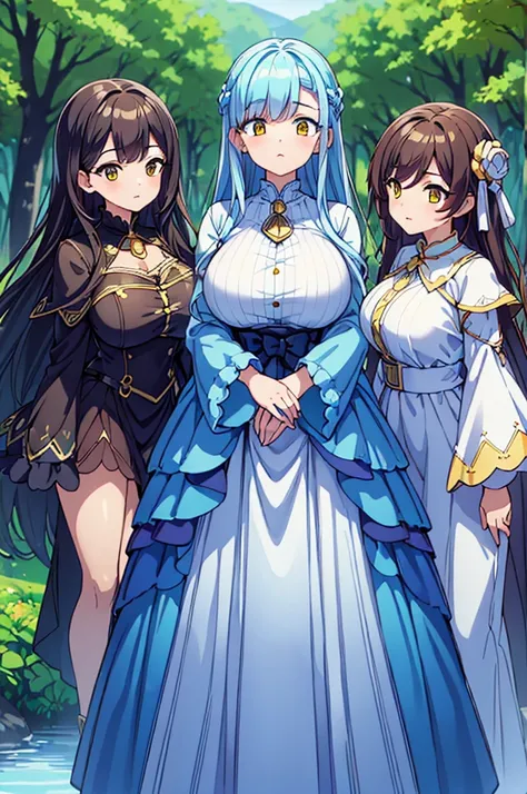 ((best quality)), ((masterpiece)), (detailed), perfect face, perfect hands, fantasy
Three big women stand in the middle of a forest. The one in the middle has brown hair and yellow eyes. The one on the right has dark blue hair while the one in the left has...