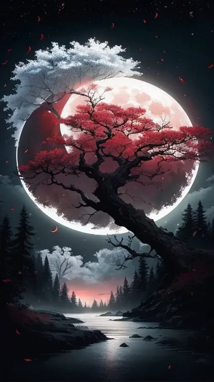 a painting of a tree with the full moon in the background, detailed crimson moon, Arte detallado de alta calidad 8k, Luna Roja, Arte 4k muy detallado., arte 4k muy detallado, Fondo de pantalla de arte anime 4K, Fondo de pantalla de arte anime 4k, Fondo de ...