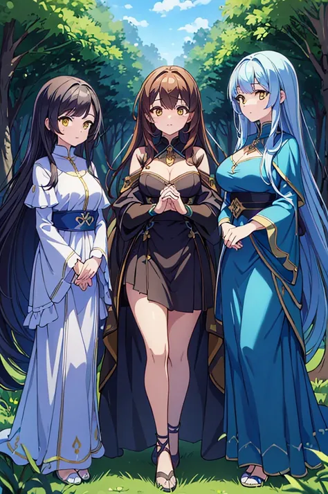 ((best quality)), ((masterpiece)), (detailed), perfect face, perfect hands, fantasy
Three big adult women stand in the middle of a forest, facing the camera. The one in the middle has brown hair and yellow eyes. The one on the right has dark blue hair whil...