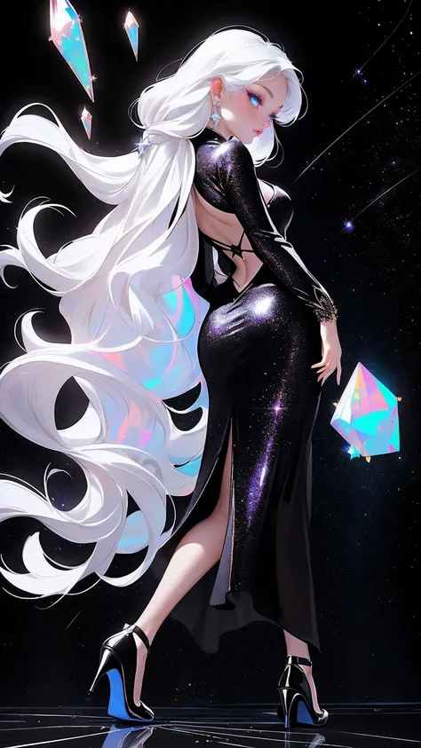 {-erro_de_anatomia:1.0} masterpiece, highest quality, (perfect face:1.1, (high detail)1.1, sweet stardust vampire , long soft white hair, opal eyes, perfectly drawn face, black dress, stars detailed background, prismatic lighting, glitter, whole body,  Dan...